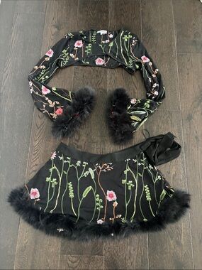 Embroidered Black Two-Piece Skirt and Top Set with Feather Trim